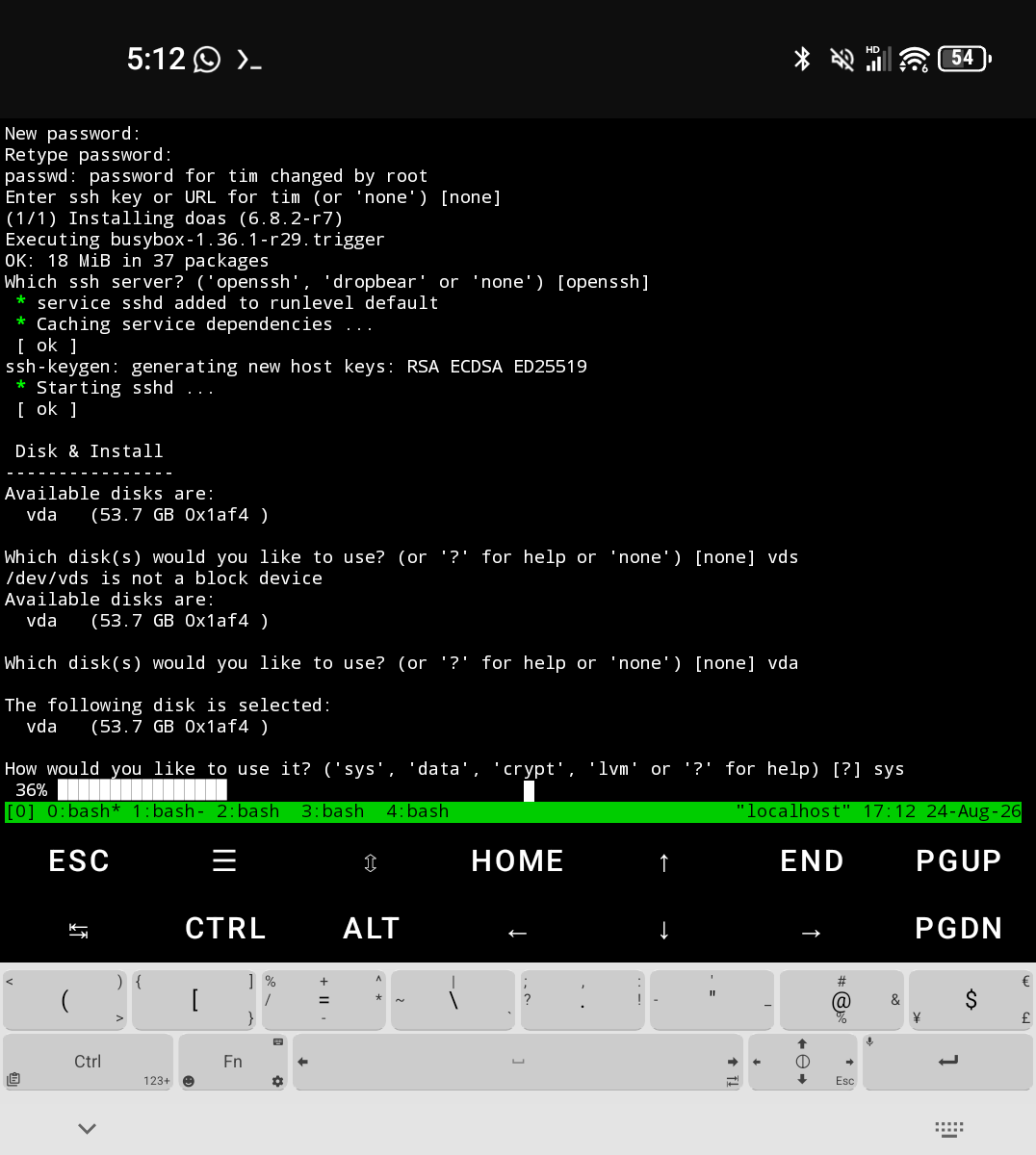 setup-alpine selecting the vda disk with sys install type in Termux