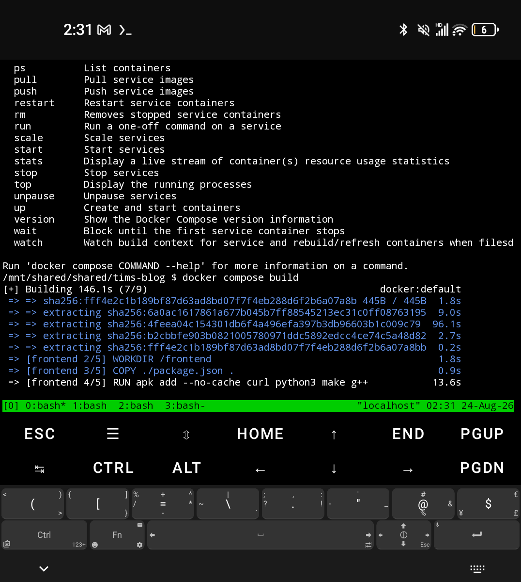 docker compose build of the blog running inside the Alpine VM via the shared folder