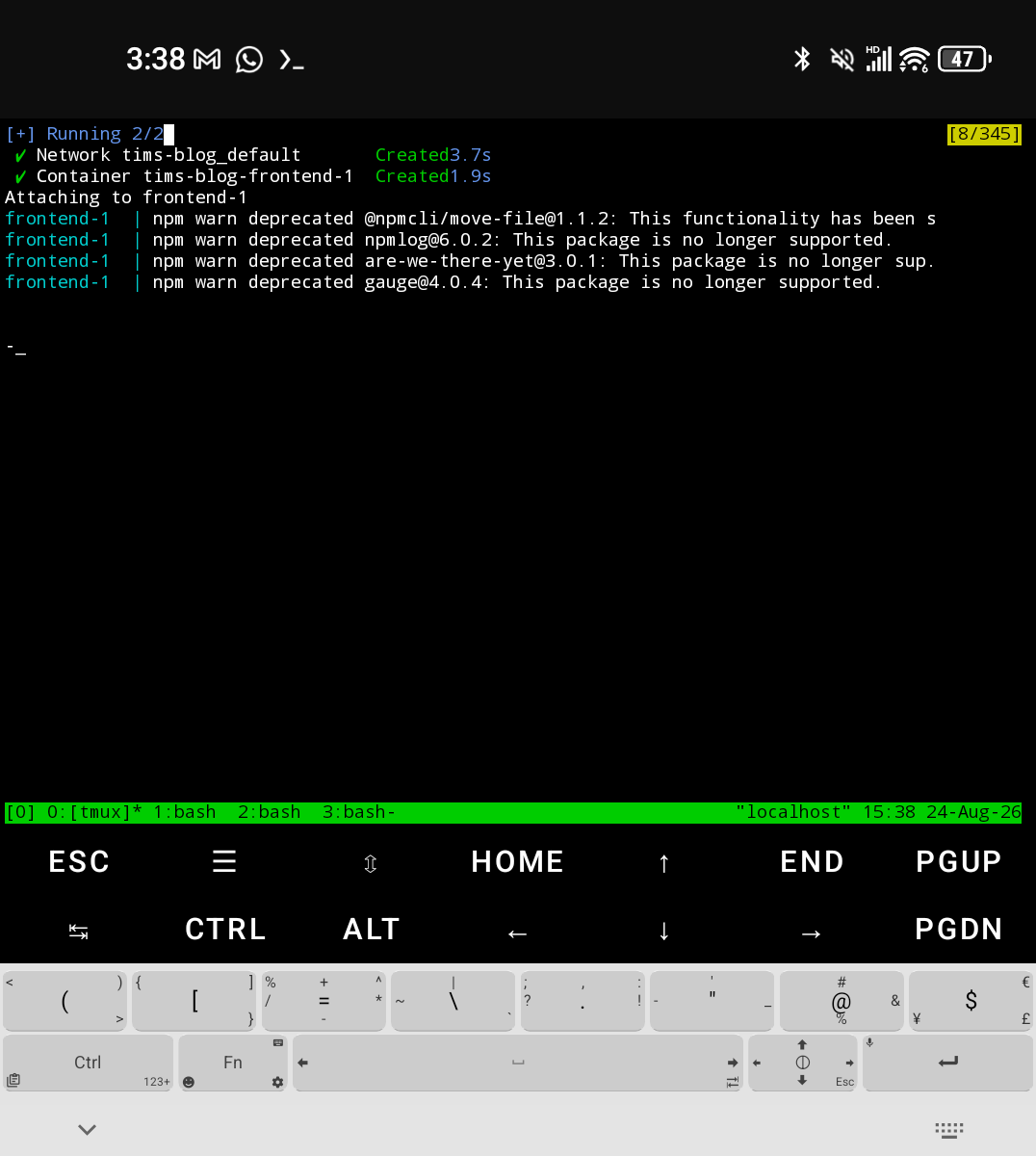 docker compose up of the blog frontend inside tmux on the Titan 2 Elite